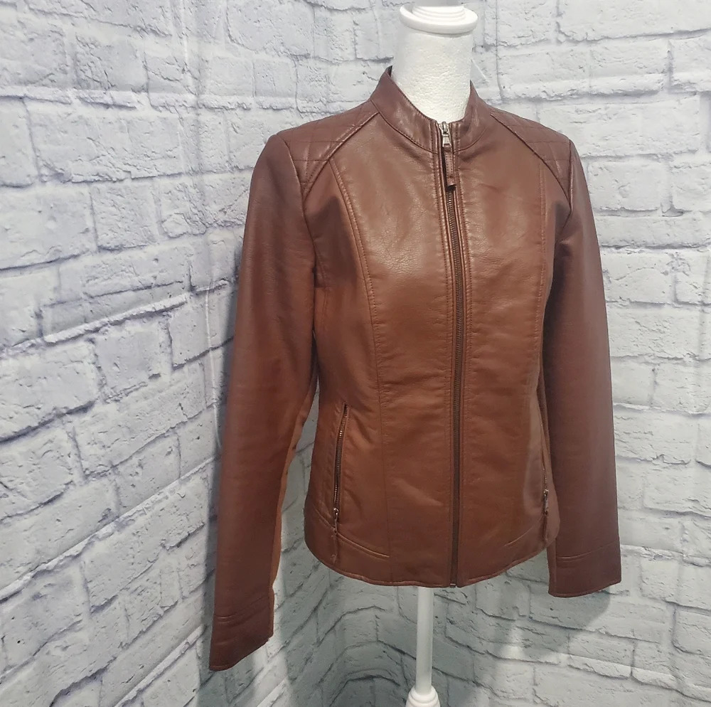 Bass Faux Leather Women's moto jacket size XS brown EUC